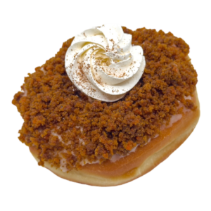 yeast risen deep fried donut dipped in a cheese cake glaze topped with carrot cake, whipped cream and cinnamon