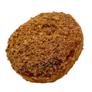 Apple Crumble donut filled with cinnamon apple filling dipped in a brown sugar glaze and topped with crumble