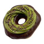 chocolate matcha donuts dipped in a chocolate ganache and topped with matcha whipped cream and chocolate chips