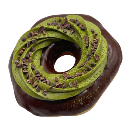 chocolate matcha donuts dipped in a chocolate ganache and topped with matcha whipped cream and chocolate chips