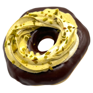 chocolate dipped and topped with pistachio whipped cream donuts from machino donuts