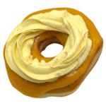 a donut dipped in a mango glaze topped with lemon whipped cream from machino donuts
