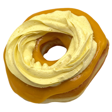 a donut dipped in a mango glaze topped with lemon whipped cream from machino donuts