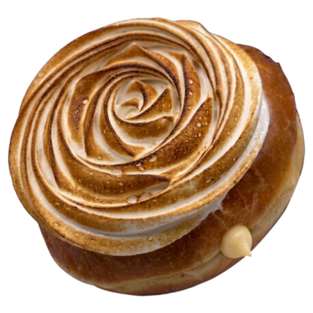donut filled with sweet potato whipped cream and topped with torched meringue